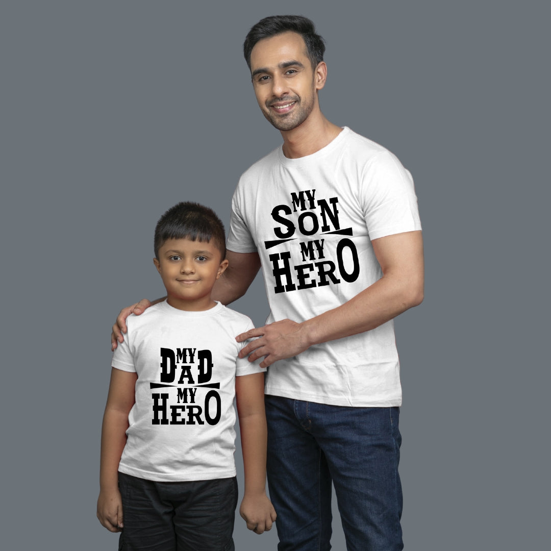 Family of 2 t shirt for Dad Son in White Colour- My Dad My Hero My Son My Hero Variant