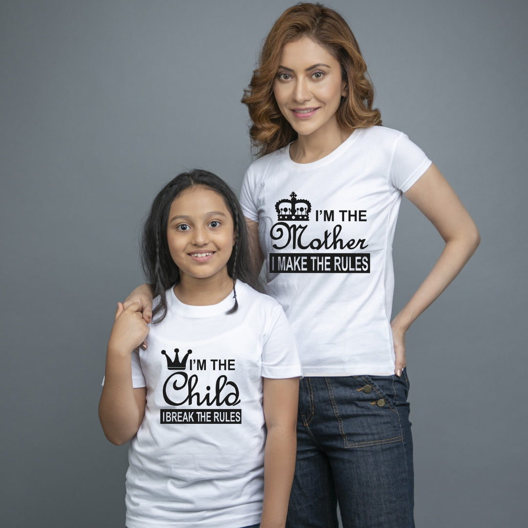 Family of 2 t shirt for Mom Daughter in White Colour - Mother Makes Daughter Breaks The Rule Variant