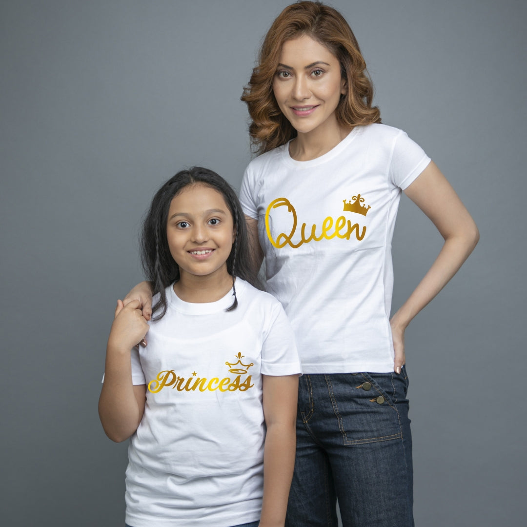 Family of 2 t shirt for Mom Daughter in White Colour- Queen Princess All Gold Variant