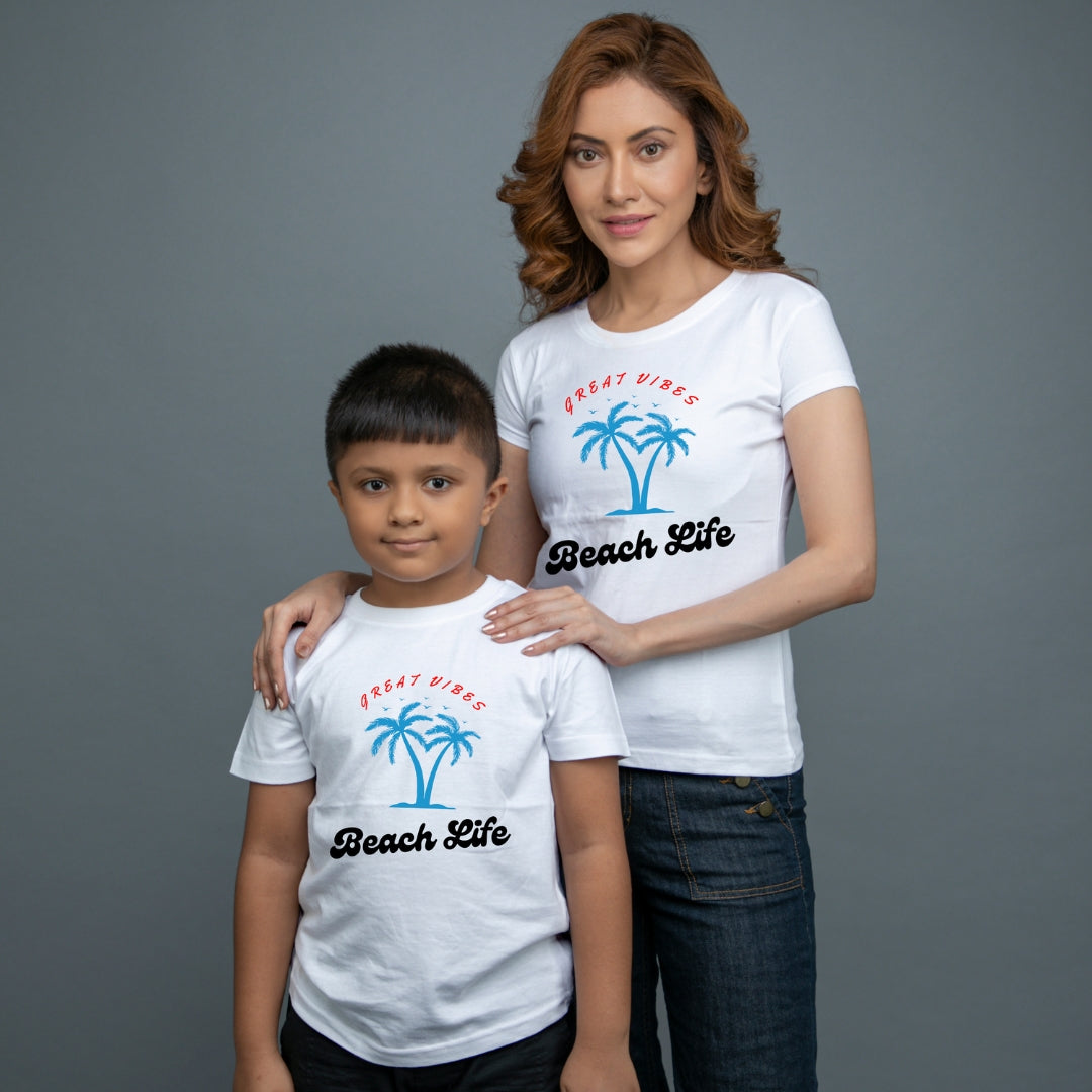 Family of 2 t shirt for Mom Son in white Colour- Beach Life Variant