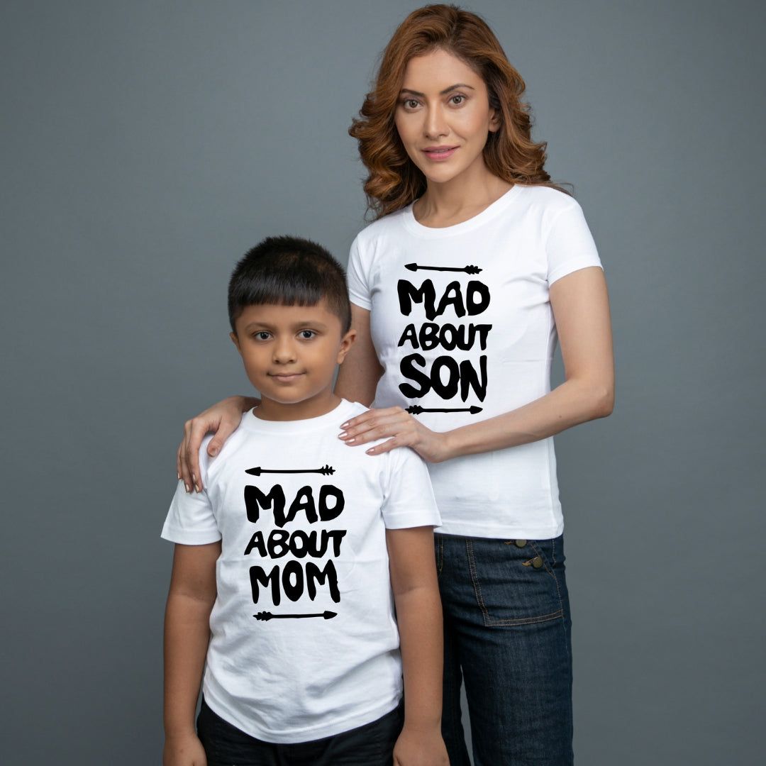Family of 2 t shirt for Mom Son in White Colour - Mad About Mom Son Variant