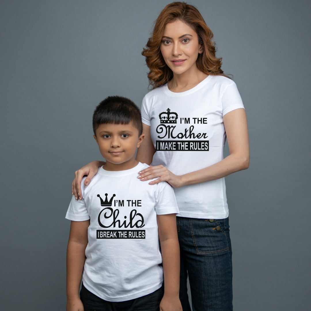 Family of 2 t shirt for Mom Son in White Colour - Mother Makes Son Breaks The Rule Variant