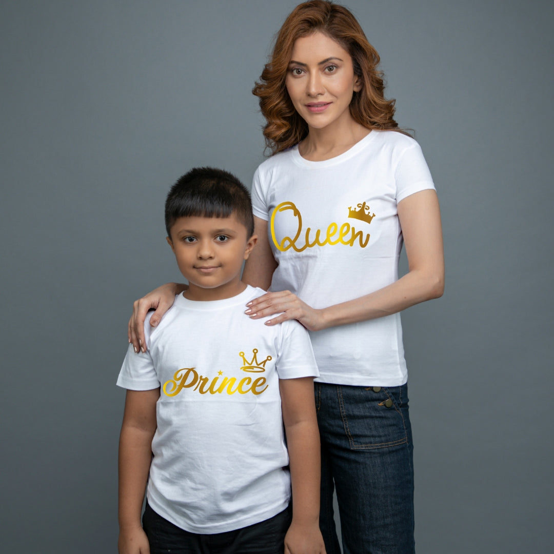 Family of 2 t shirt for Mom Son in White Colour- Queen Princess All Gold Variant