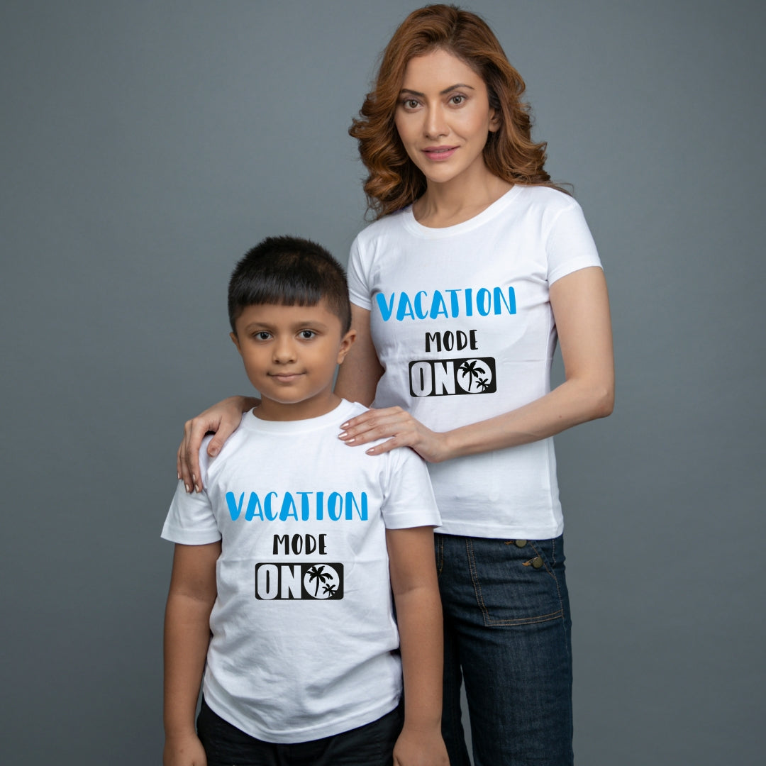 Family of 2 t shirt for Mom Son in White Colour- Vacation Mode On
