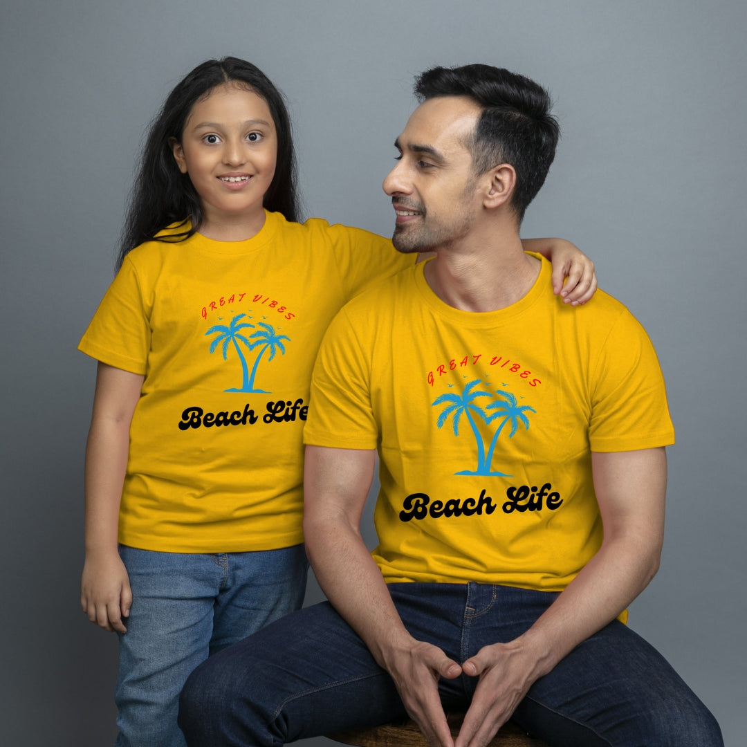 Family of 2 t shirt for Dad Daughter in Yellow Colour- Beach Life Variant