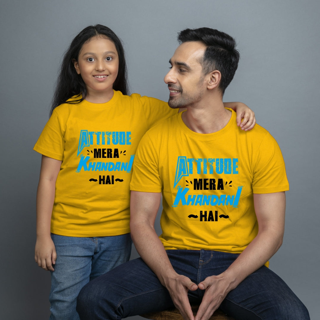 Family of 2 t shirt for Dad Daughter in Yellow Colour- Attitude Mera khandani Hain Variant