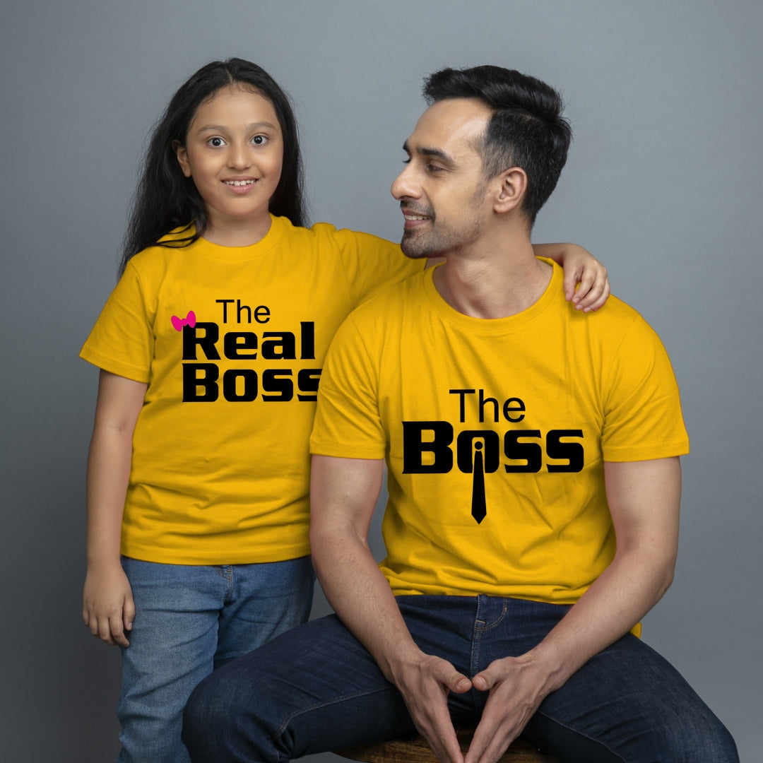 Family of 2 t shirt for Dad Daughter in Yellow Colour- The Boss The Real Boss Variant