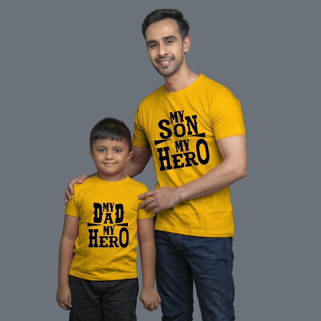 Family of 2 t shirt for Dad Son in Yellow Colour- My Dad My Hero My Son My Hero Variant
