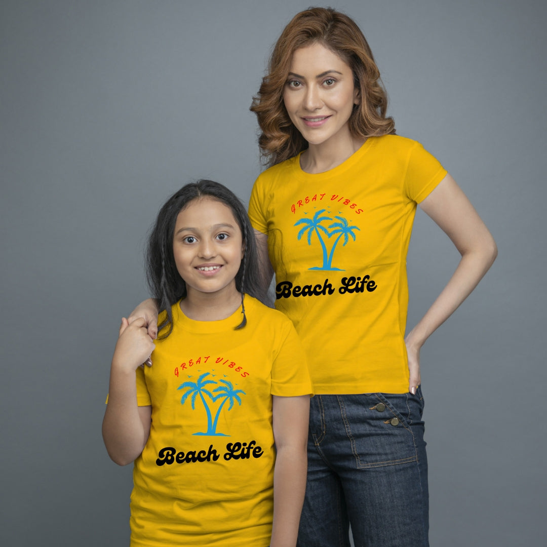 Family of 2 t shirt for Mom Daughter in Yellow Colour- Beach Life Variant