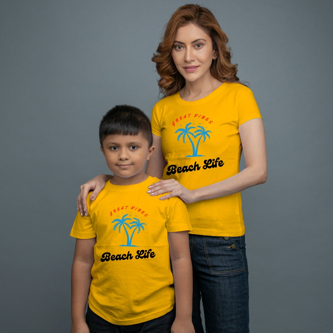 Family of 2 t shirt for Mom Son in Yellow Colour- Beach Life Variant