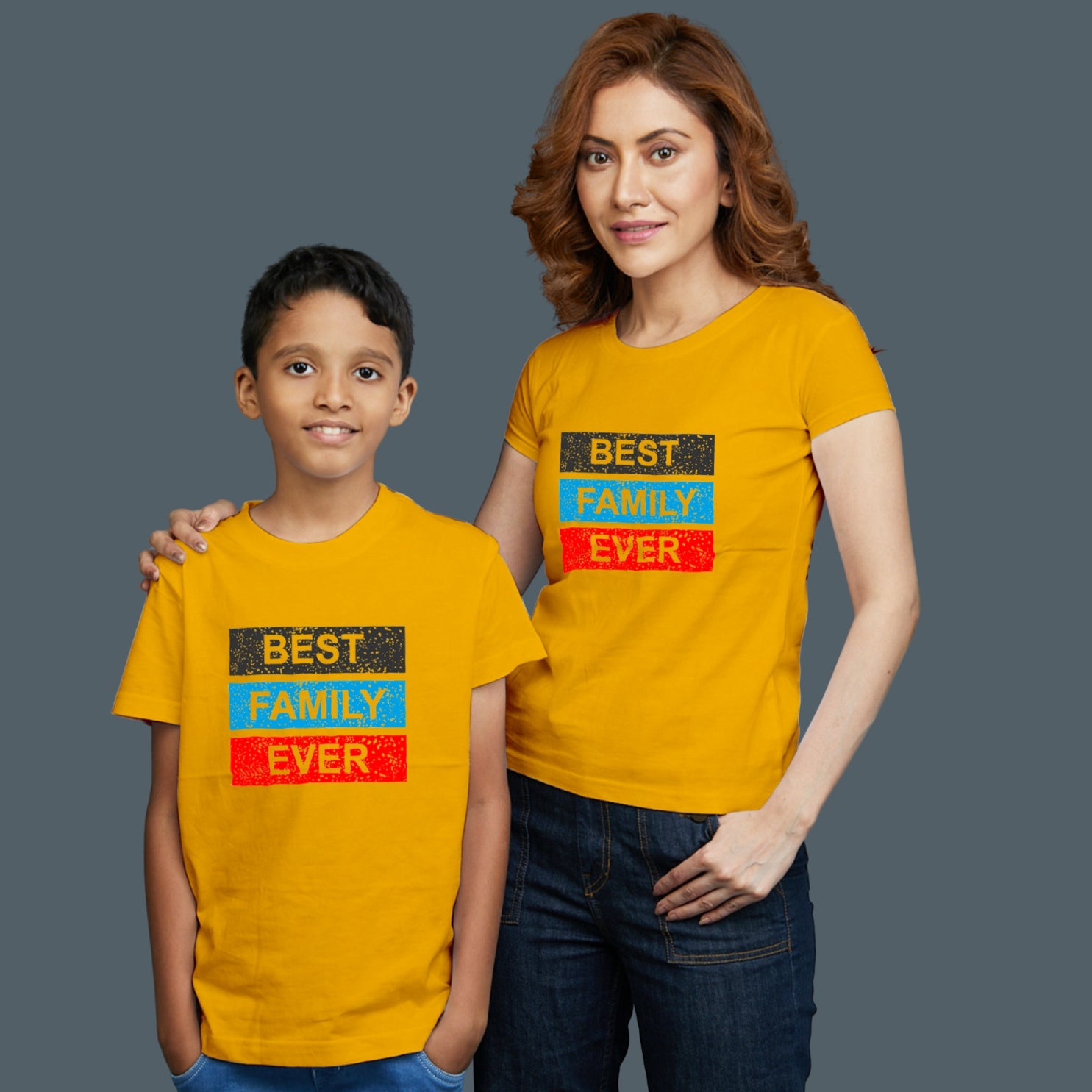 Family of 2 t shirt for Mom Son in Yellow Colour- Best Family Ever Variant