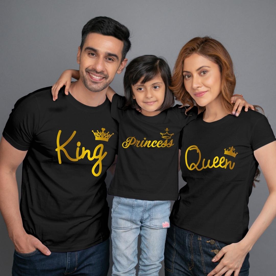 Family t shirt set of 3 Mom Dad Daughter in Black Colour - King Queen Princess All Gold Variant