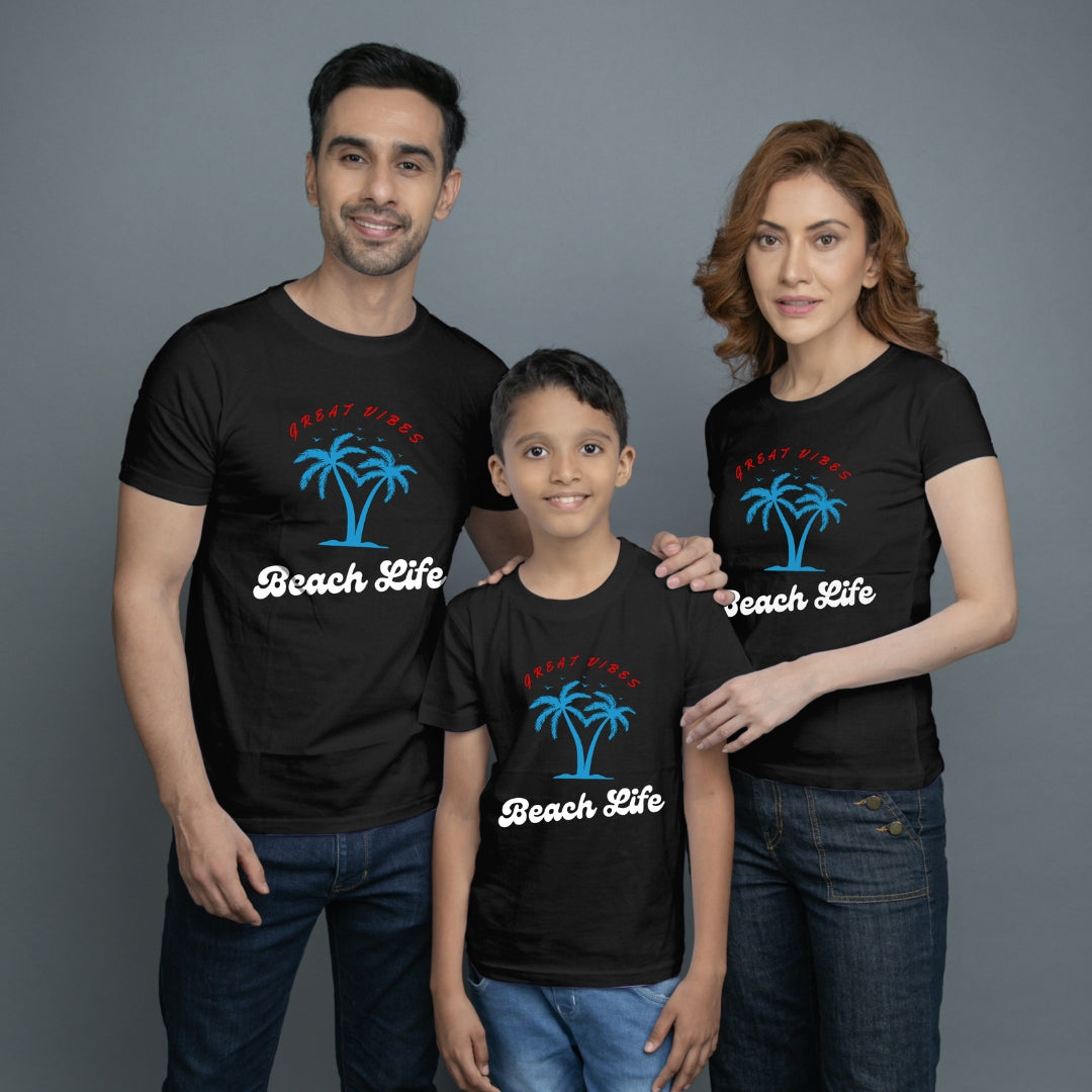 Family t shirt set of 3 Mom Dad Son in Black Colour - Beach Life Variant