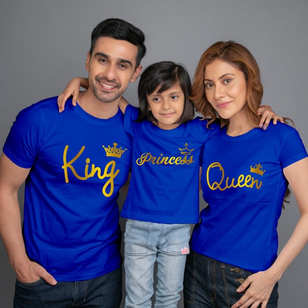 Family t shirt set of 3 Mom Dad Daughter in Blue Colour - King Queen Princess All Gold Variant