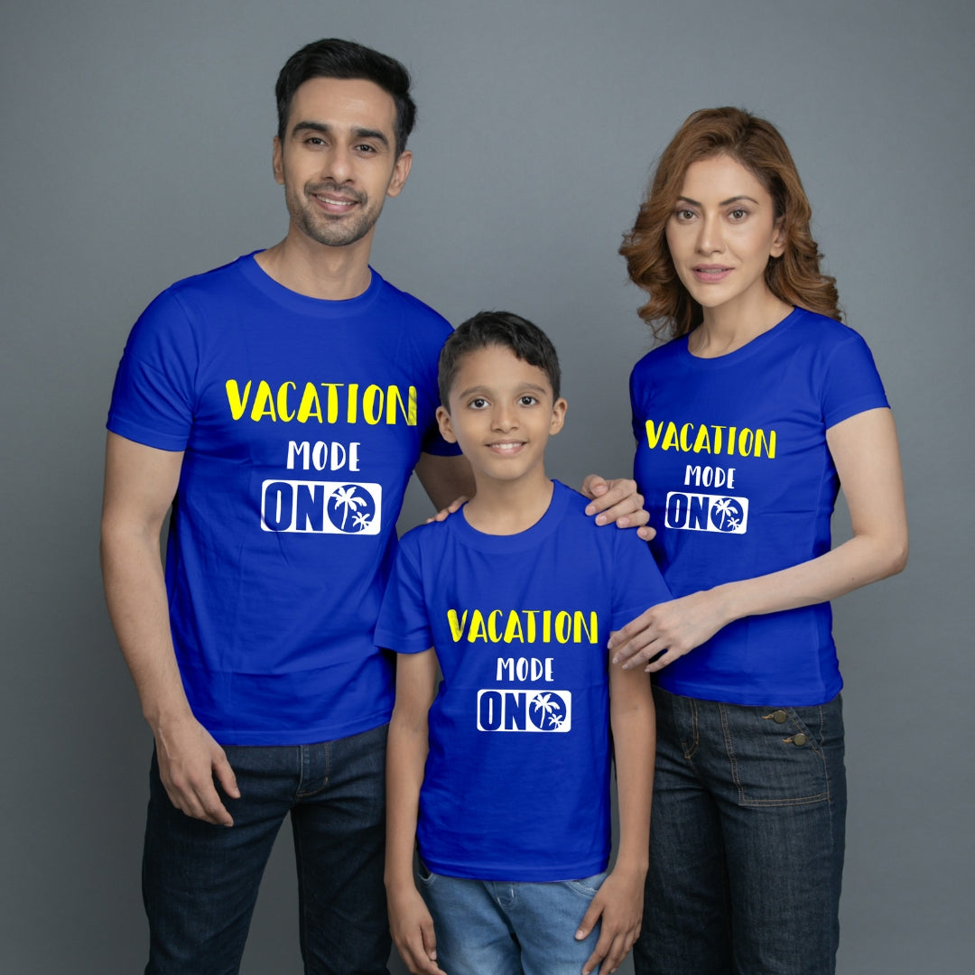 Family t shirt set of 3 Mom Dad Son in Blue Colour - Vacation Mode On Variant