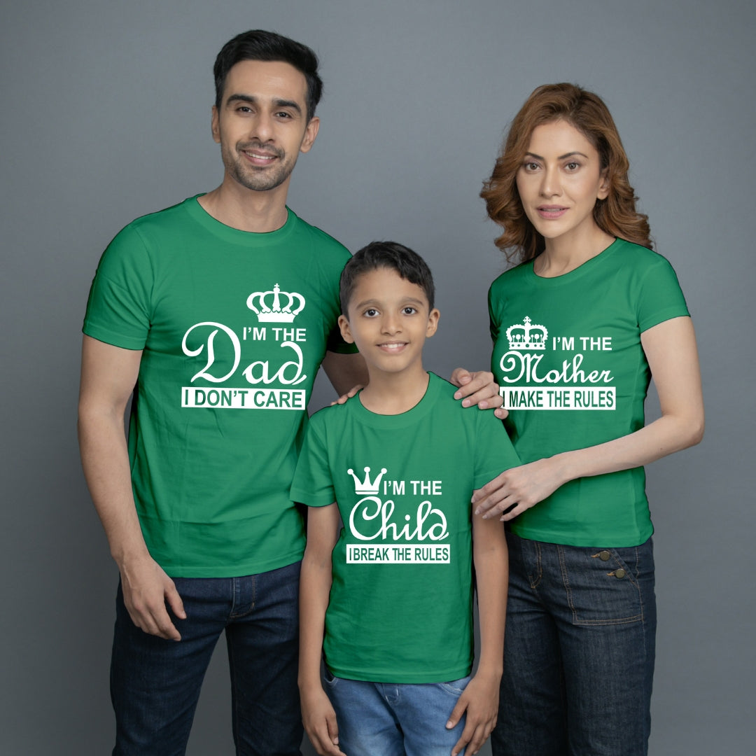 Family t shirt set of 3 Mom Dad Son in Green Colour - I Make Break The Rules Variant