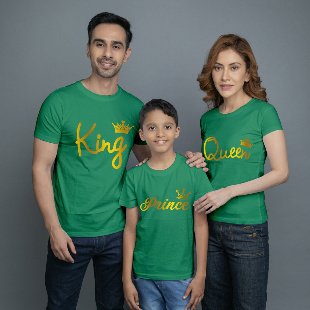 Family t shirt set of 3 Mom Dad Son in Green Colour - King Queen Prince All Gold Variant