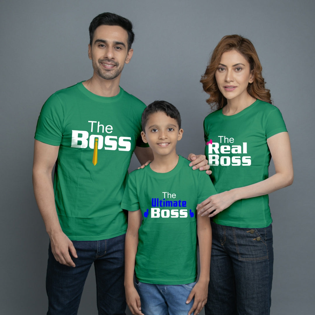 Family t shirt set of 3 Mom Dad Son in Green Colour - The Boss The Real Boss The Ultimate Boss Variant