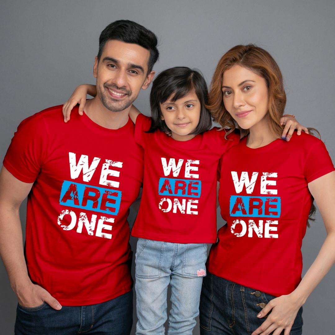 Family t shirt set of 3 Mom Dad Daughter in Red Colour - We Are One Variant