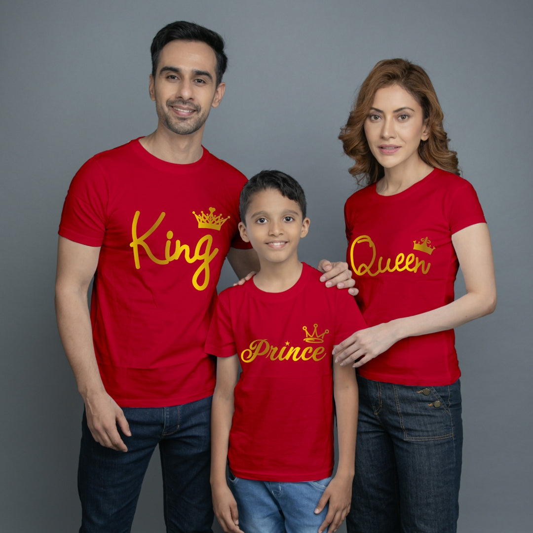 Family t shirt set of 3 Mom Dad Son in Red Colour - King Queen Prince All Gold Variant