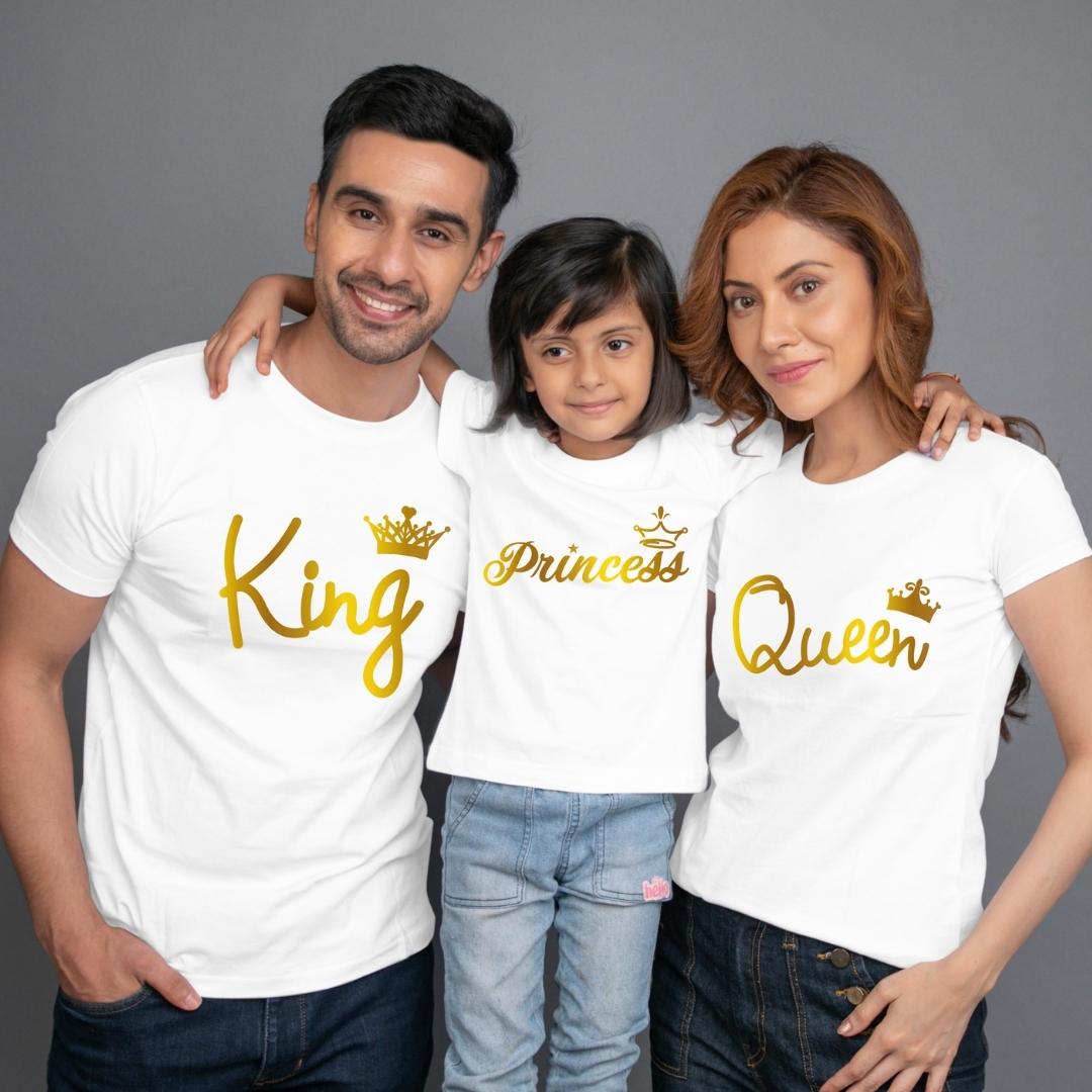 Family t shirt set of 3 Mom Dad Daughter in White Colour - King Queen Princess All Gold Variant