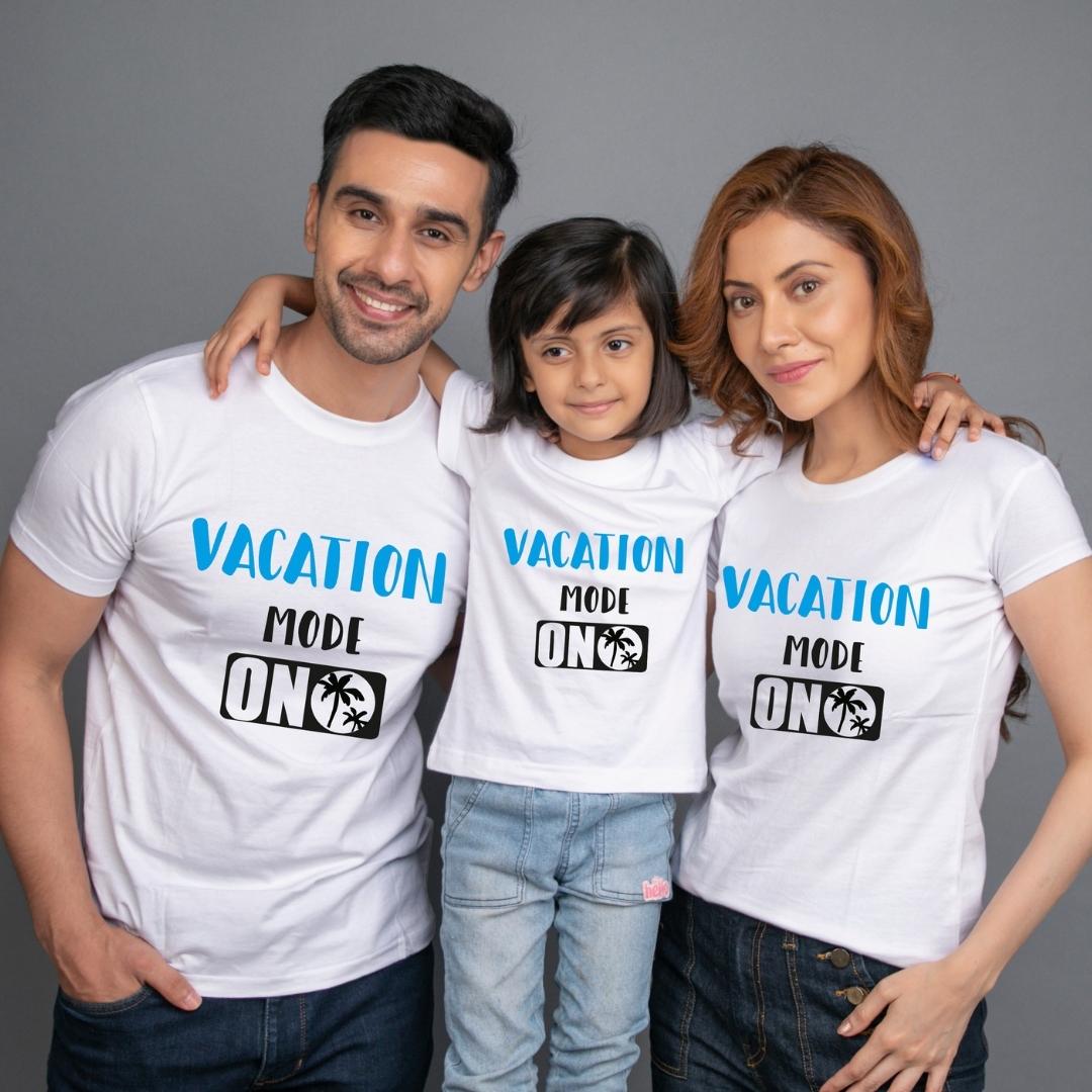 Family t shirt set of 3 Mom Dad Daughter in White Colour - Vacation Mode On Variant
