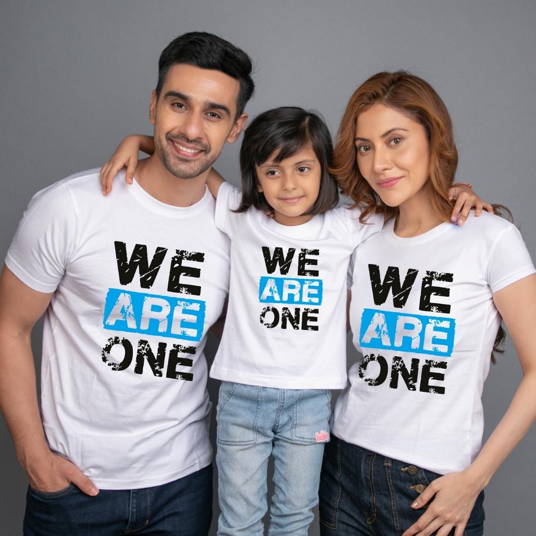 Family t shirt set of 3 Mom Dad Daughter in White Colour - We Are One Variant