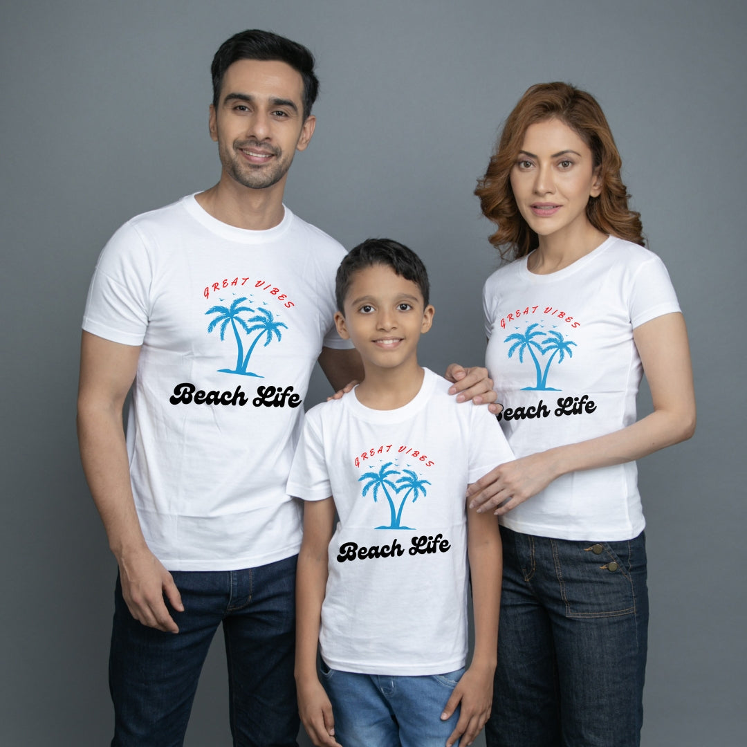 Family t shirt set of 3 Mom Dad Son in White Colour - Beach Life Variant