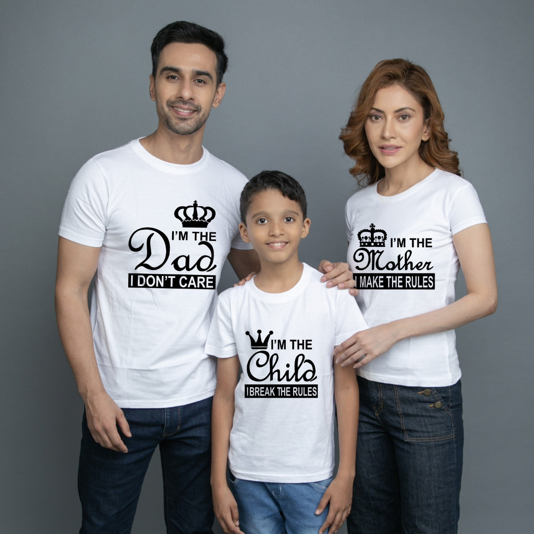 Family t shirt set of 3 Mom Dad Son in White Colour - I Make Break The Rules Variant