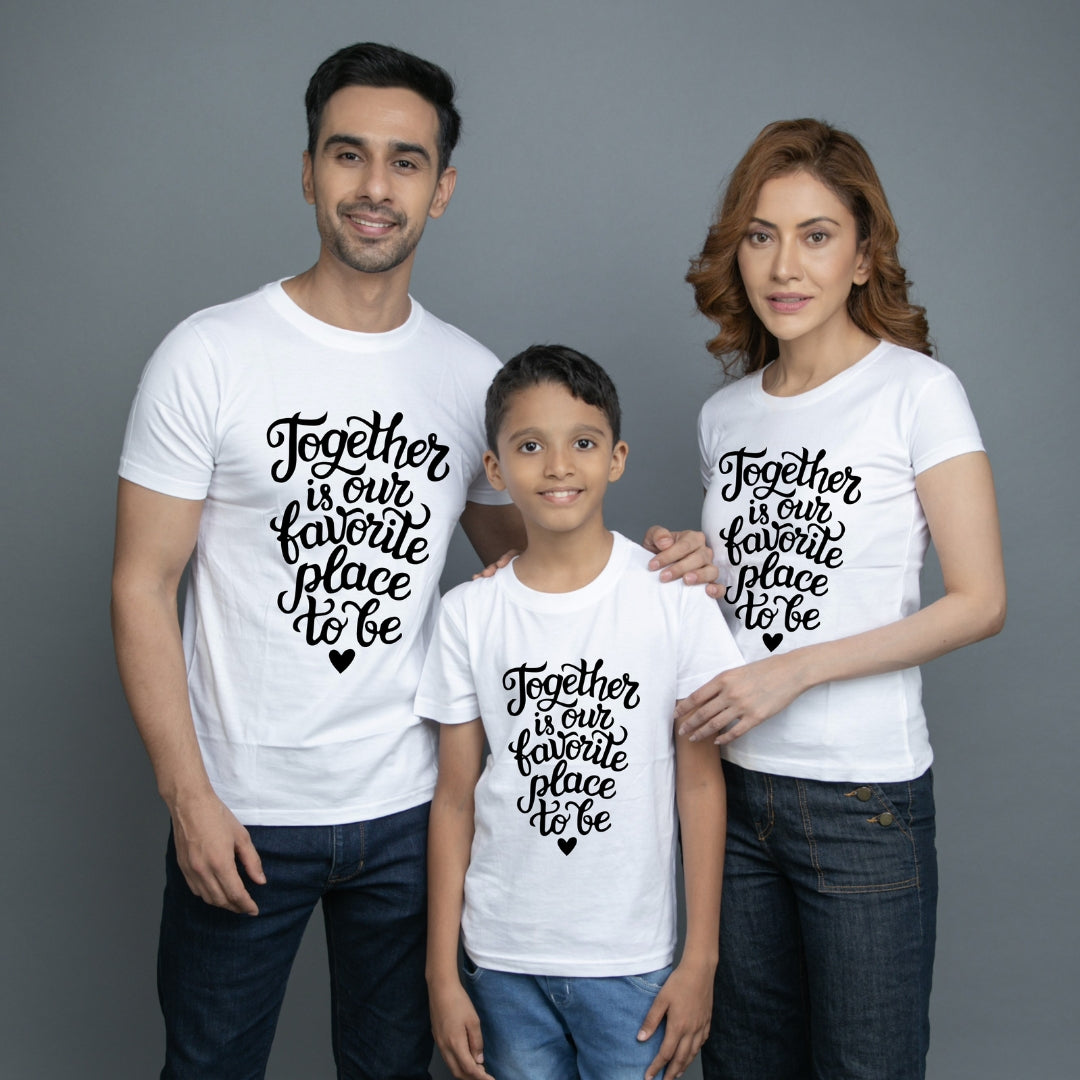Family t shirt set of 3 Mom Dad Son in White Colour -  Together Is Our Favourite Place To Be Variant