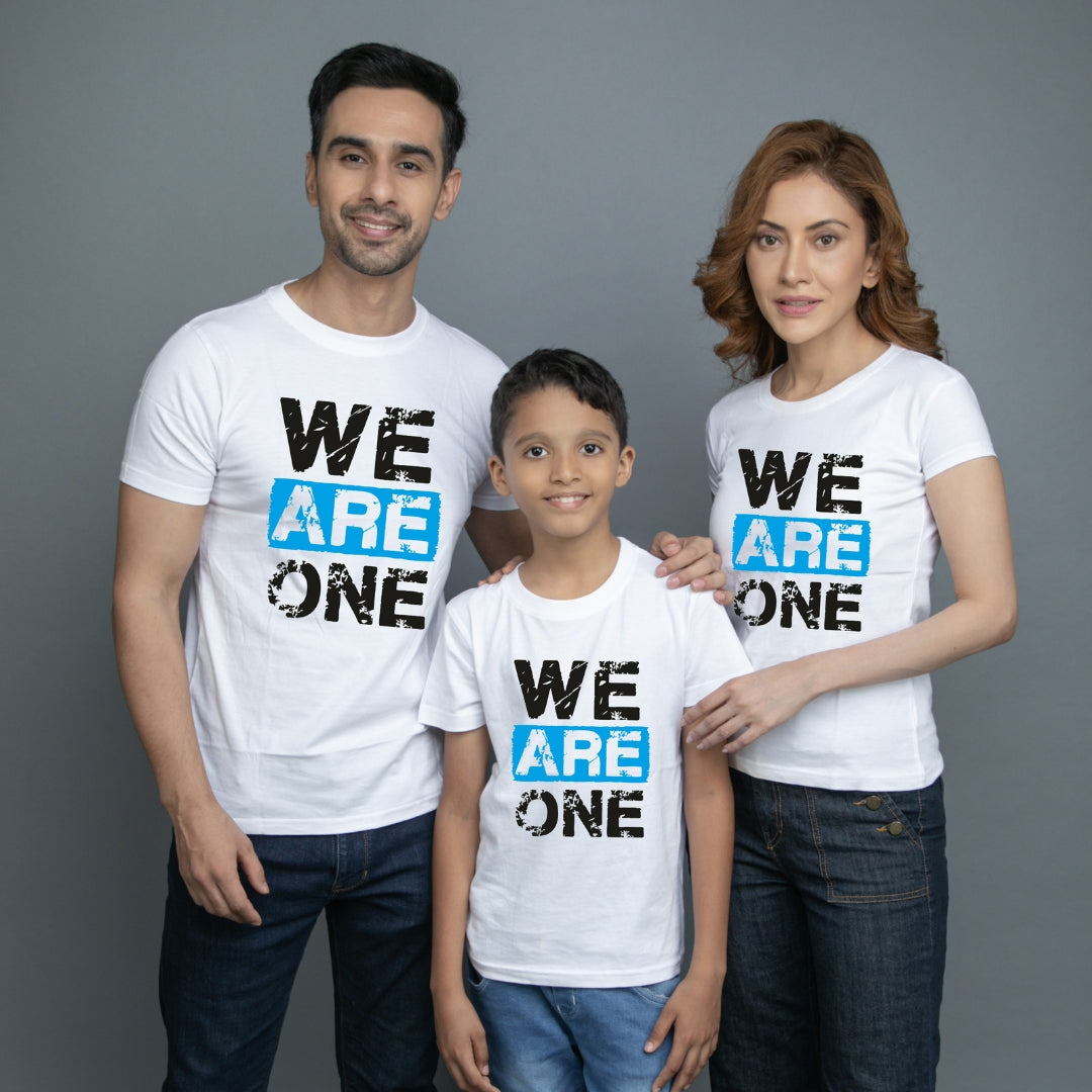 Family t shirt set of 3 Mom Dad Son in White Colour - We Are One Variant