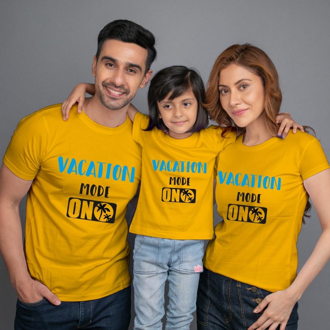 Family t shirt set of 3 Mom Dad Daughter in Yellow Colour - Vacation Mode On Variant