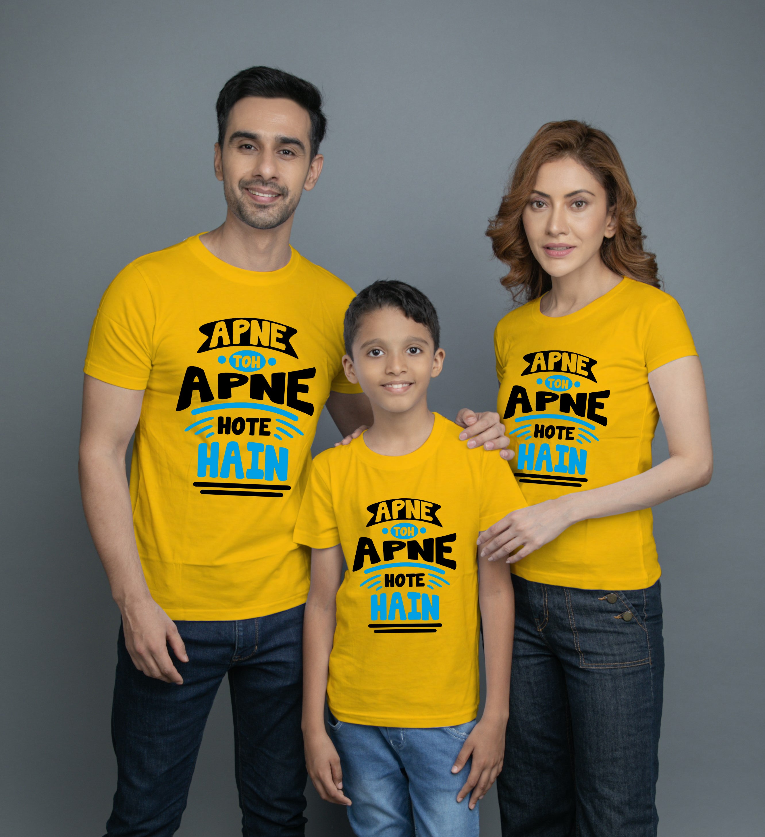 Family t shirt set of 3 Mom Dad Son in Yellow Colour - Apne Toh Apne Hote Hain Variant