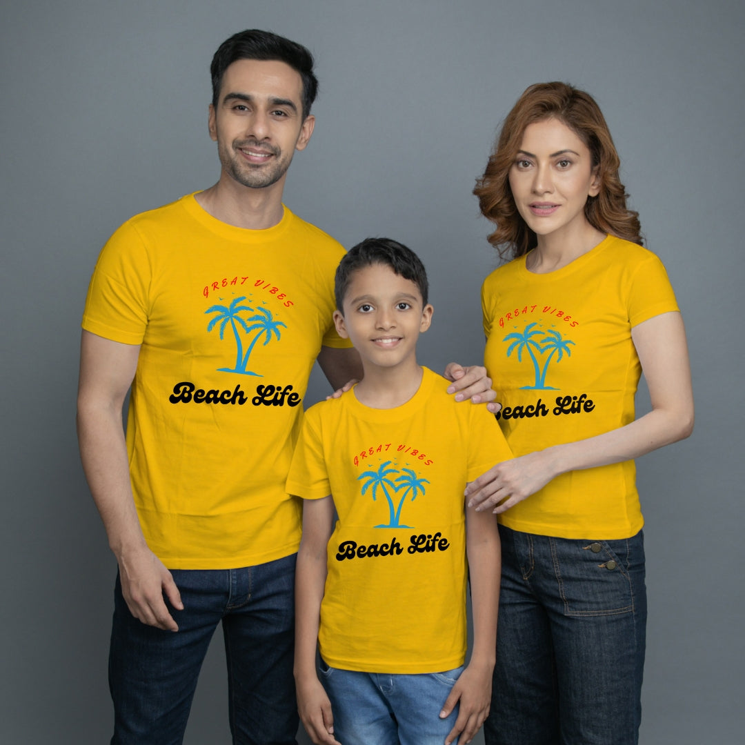 Family t shirt set of 3 Mom Dad Son in Yellow Colour - Beach Life Variant