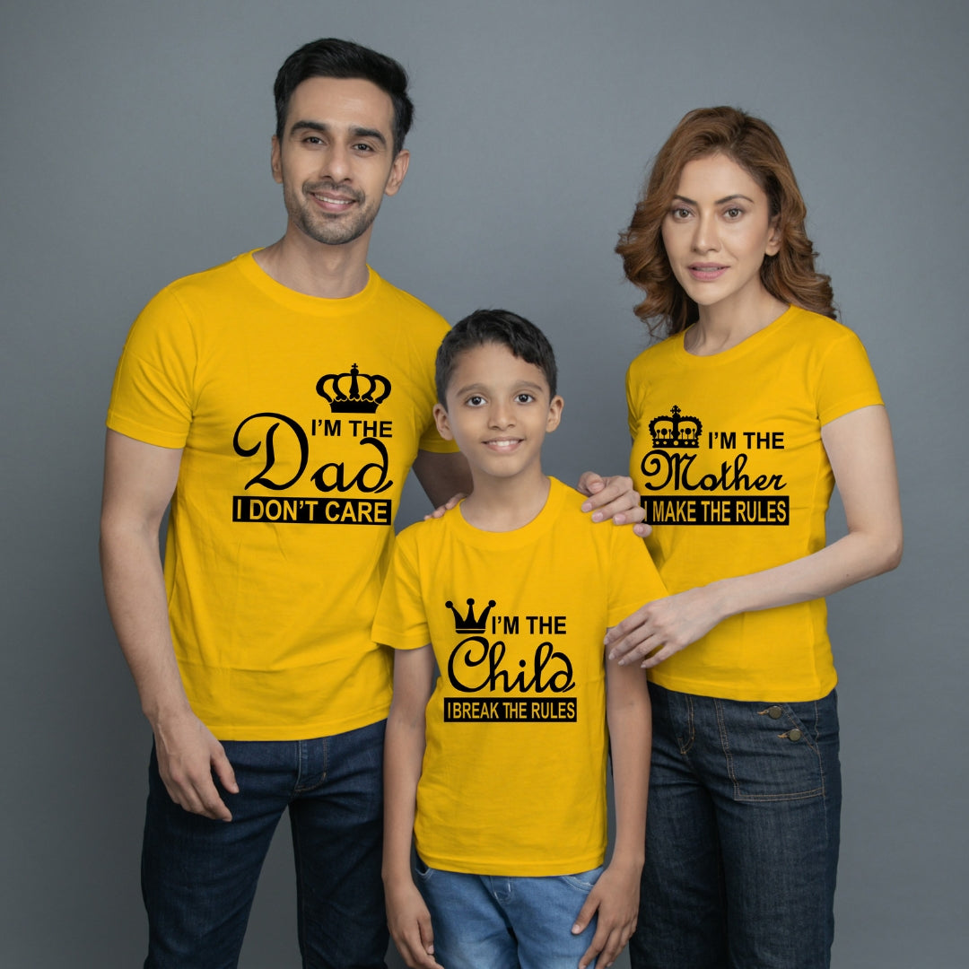 Family t shirt set of 3 Mom Dad Son in Yellow Colour - I Make Break The Rules Variant