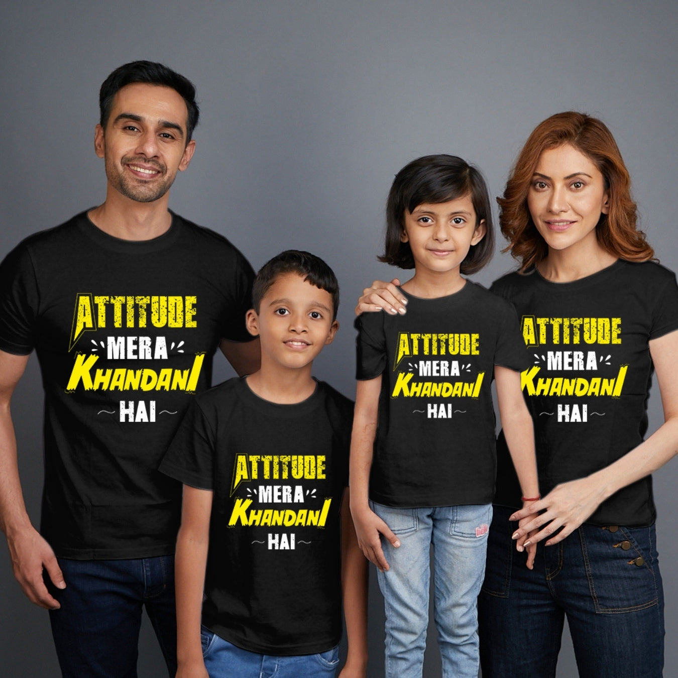 Family t shirts set of 4 Mom Dad Son Daughter in Black Colour - Attitude Mera Khandani Hain Variant