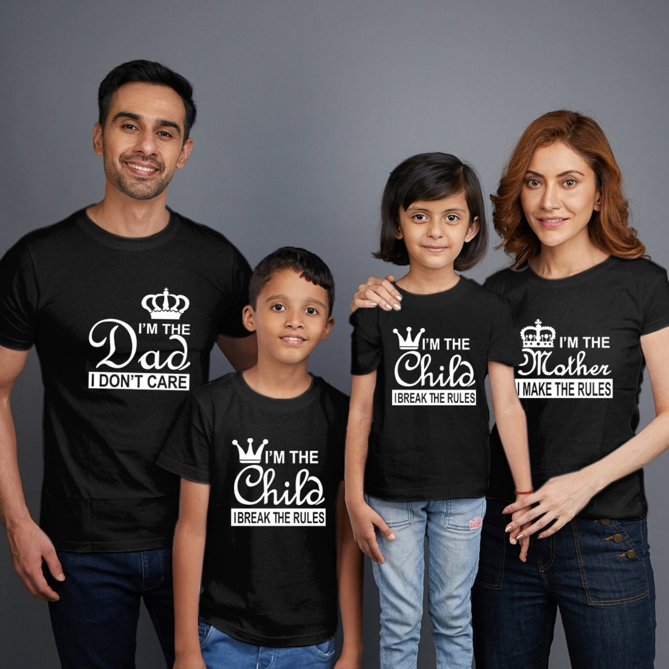 Family t shirts set of 4 Mom Dad Son Daughter in Black Colour - I Make Break The Rules Variant