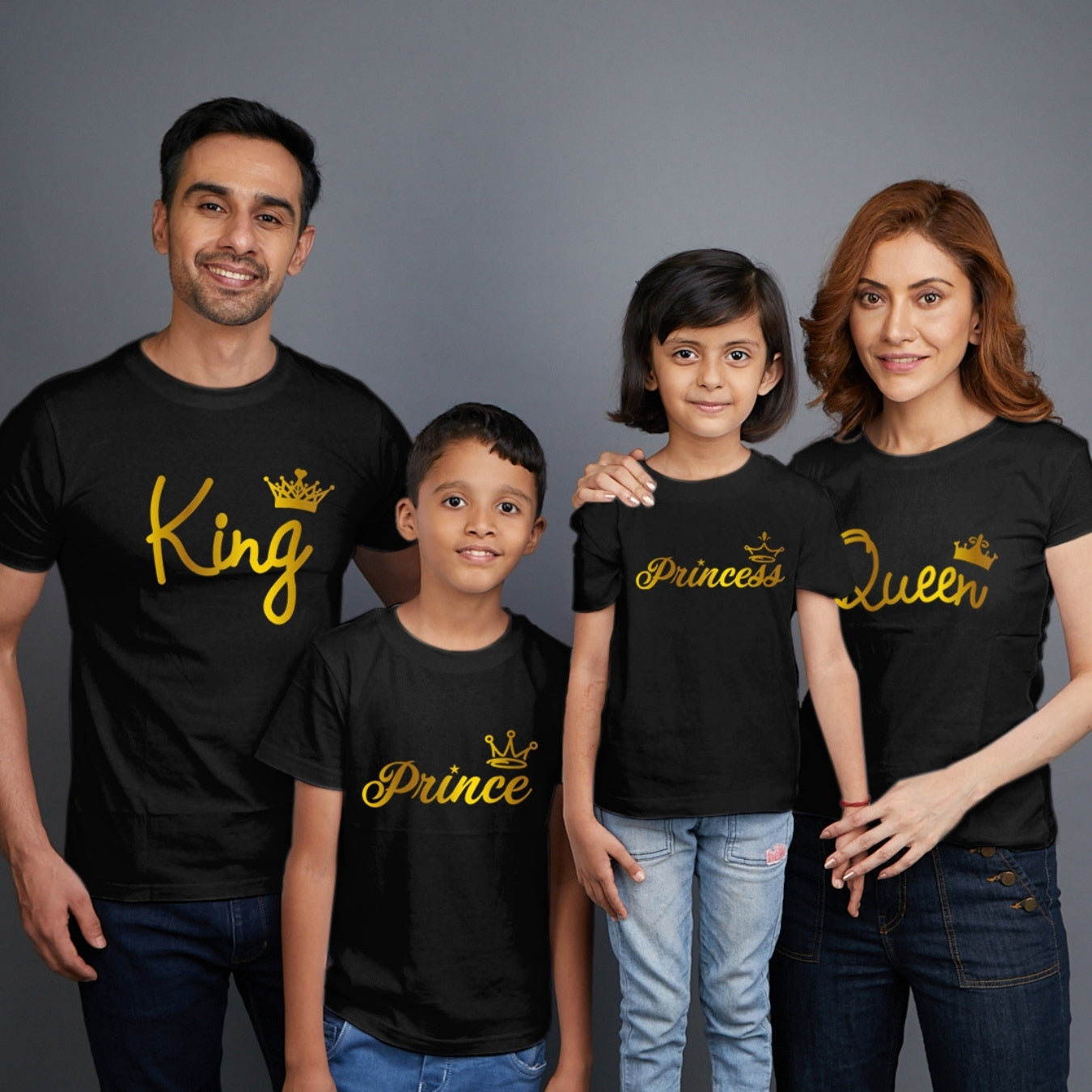 Family t shirts set of 4 Mom Dad Son Daughter in Black Colour - King Queen Prince Princess All Gold Variant