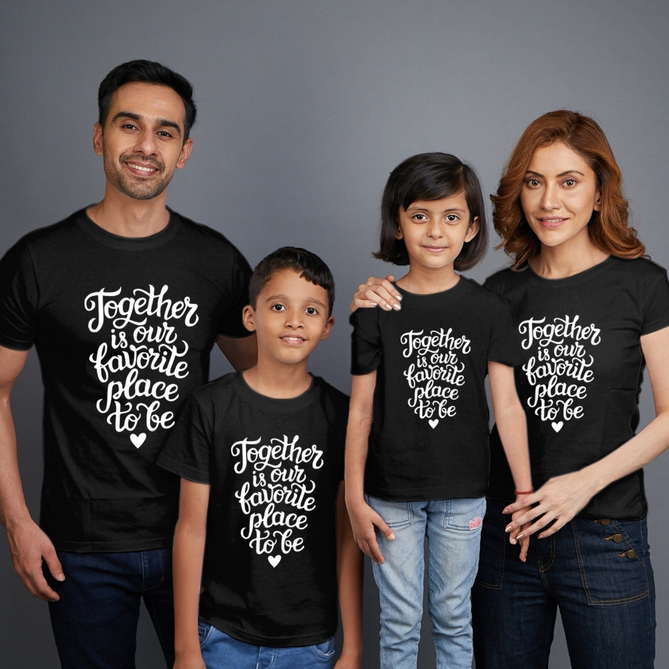 Family t shirts set of 4 Mom Dad Son Daughter in Black Colour - Together Is Our Favourite Place To Be Variant