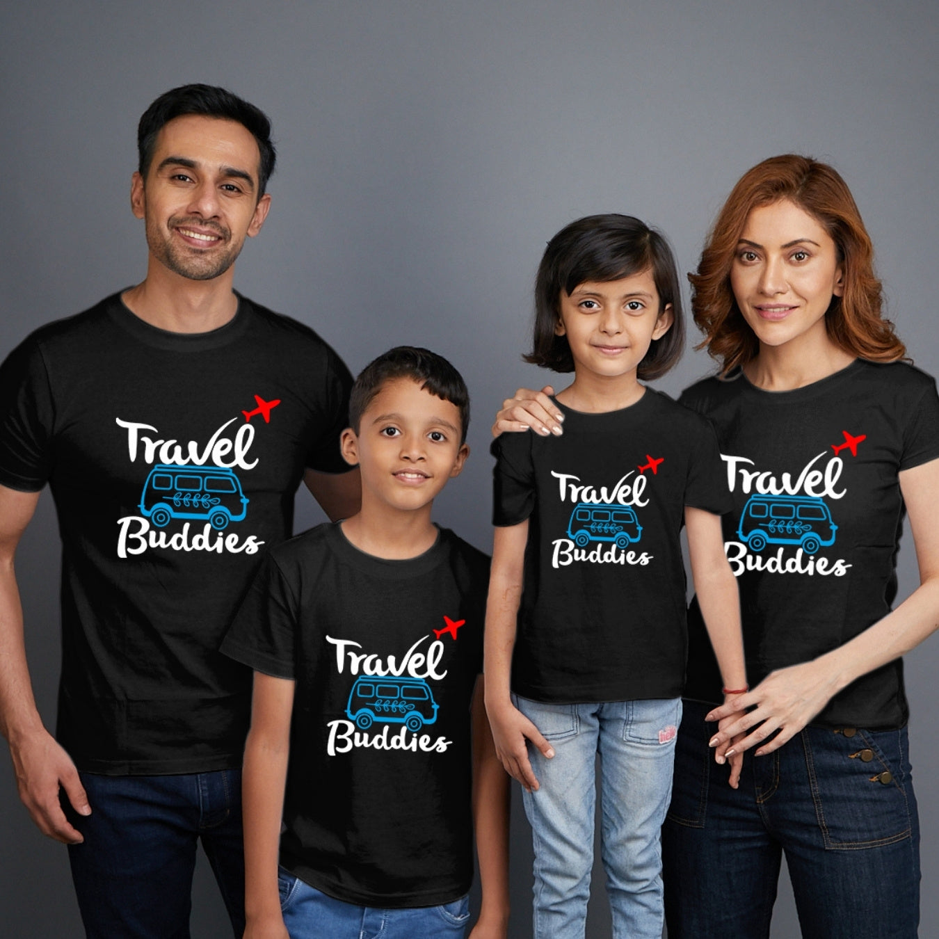 Family t shirts set of 4 Mom Dad Son Daughter in Black Colour - Travel Buddies Variant