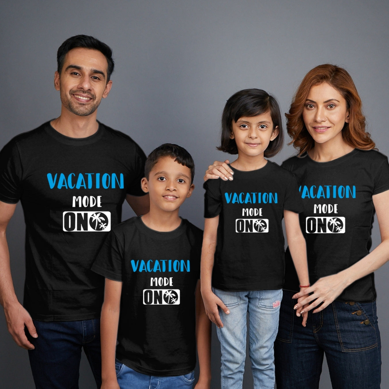 Family t shirts set of 4 Mom Dad Son Daughter in Black Colour - Vacation Mode On Variant