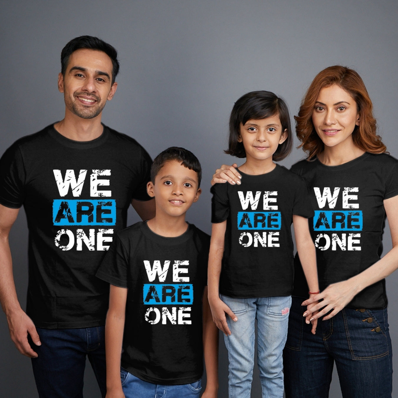 Family t shirts set of 4 Mom Dad Son Daughter in Black Colour - We Are One Variant