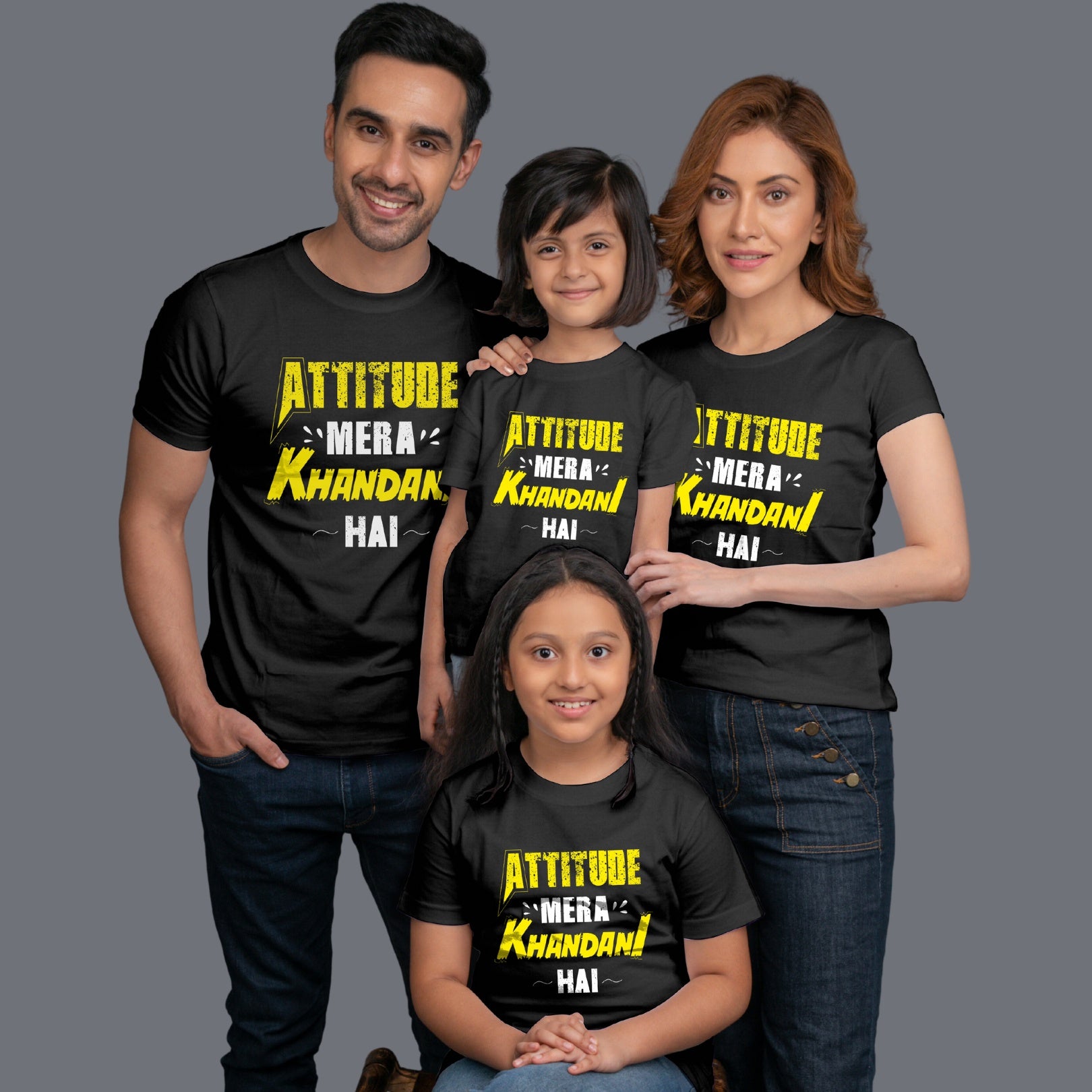 Family t shirts set of 4 Mom Dad Two Daughters in Black Colour - Attitude Mera Khandani Hain Variant