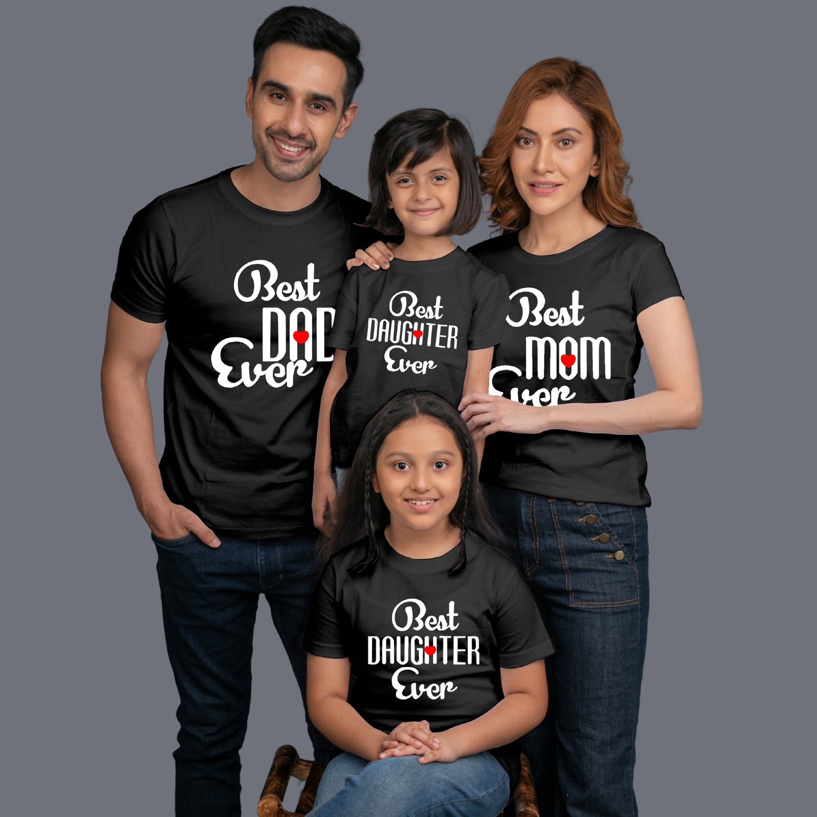 Family t shirts set of 4 Mom Dad Two Daughters in Black Colour - Best Mom Dad Daughter Ever Variant