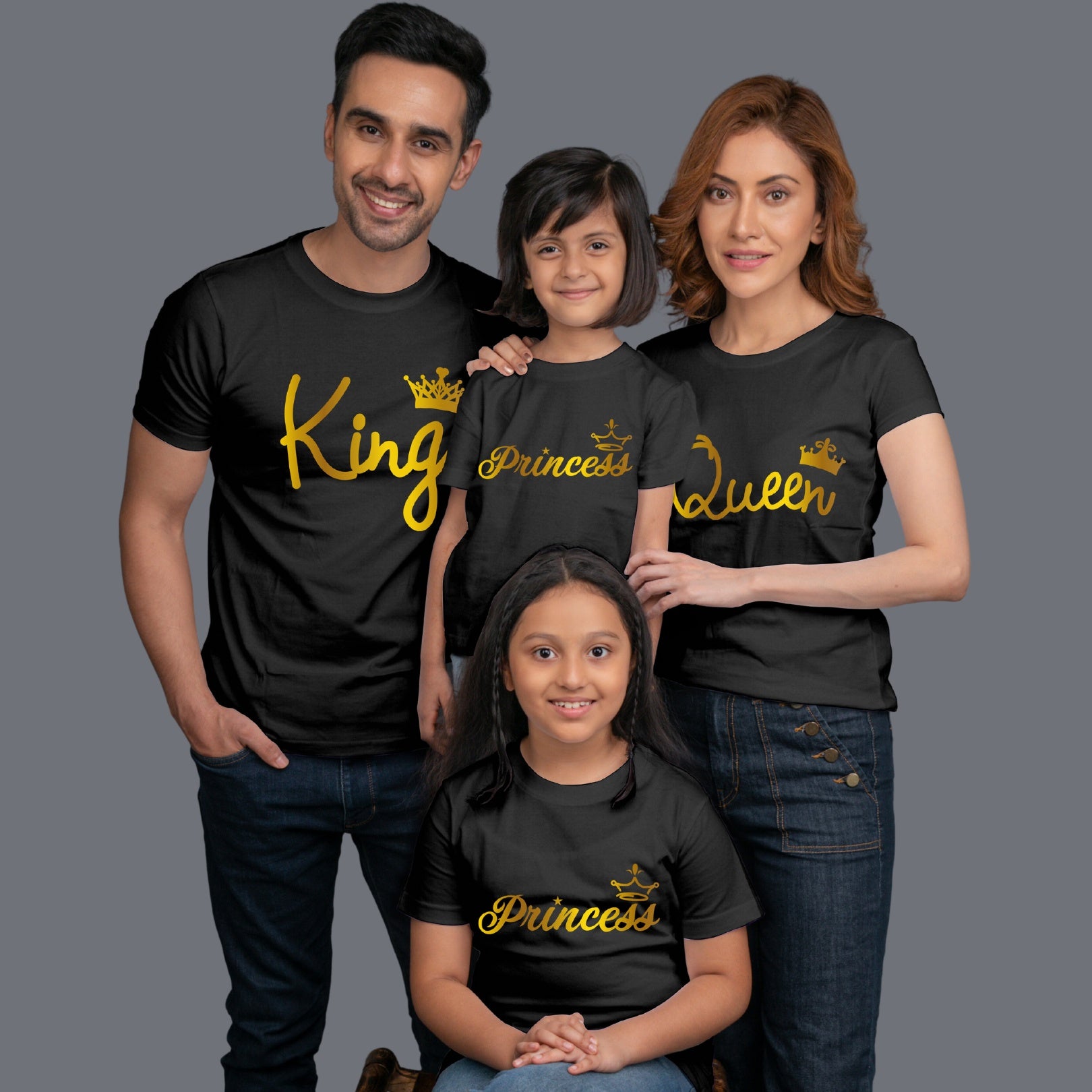 Family t shirts set of 4 Mom Dad Two Daughters in Black Colour - King Queen Princess All Gold Variant