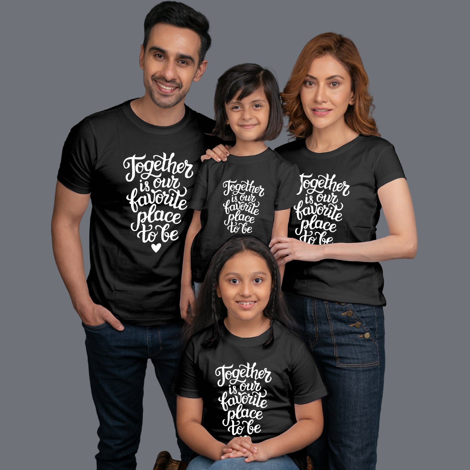Family t shirts set of 4 Mom Dad Two Daughters in Black Colour - Together Is Our Favourite Place To Be Variant