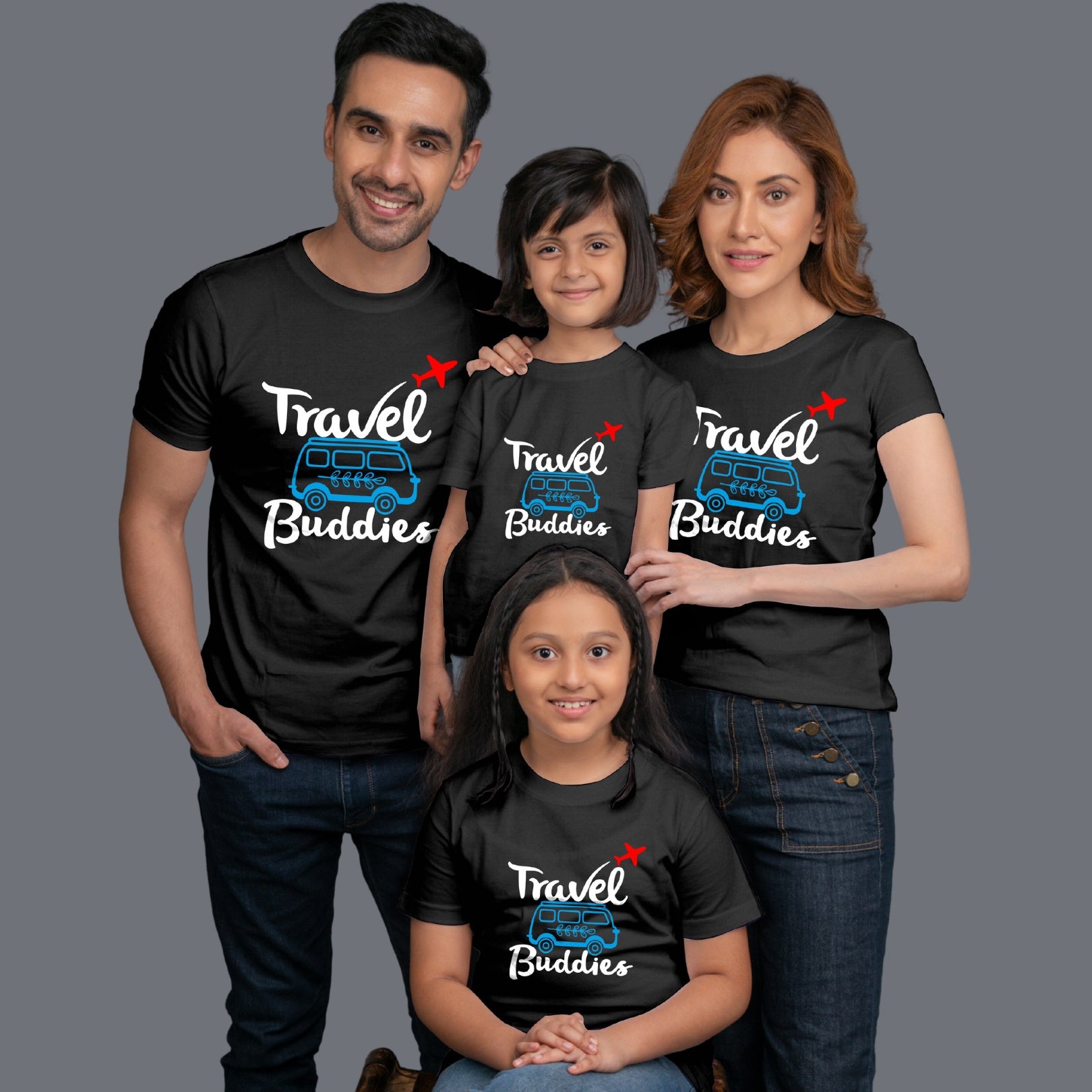 Family t shirts set of 4 Mom Dad Two Daughters in Black Colour - Travel Buddies
