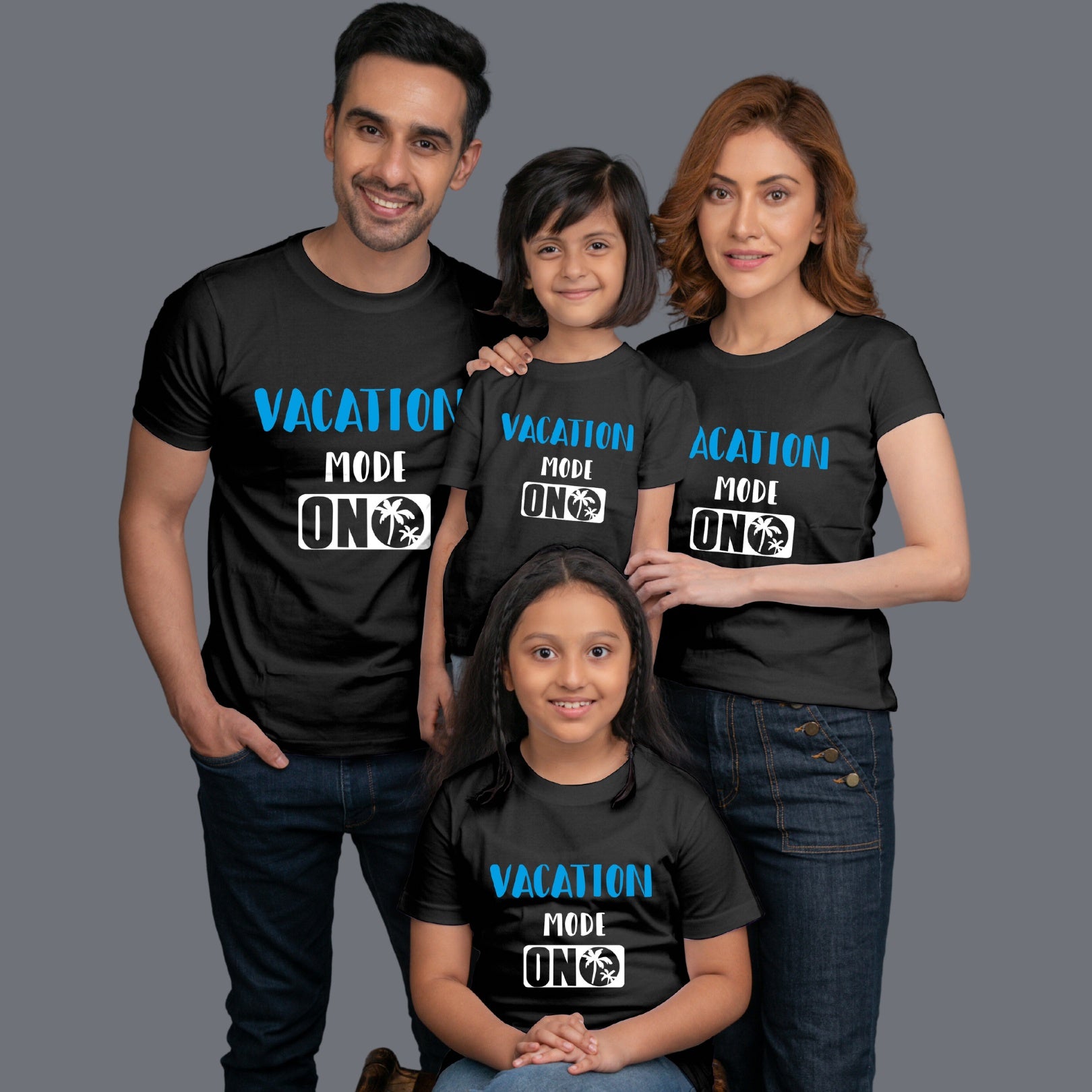 Family t shirts set of 4 Mom Dad Two Daughters in Black Colour - Vacation Mode On Variant