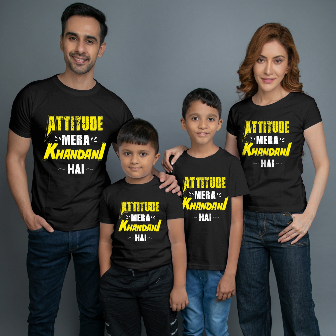 Family t shirts set of 4 Mom Dad Two Sons in Black Colour - Attitude Mera Khandani Hain Variant