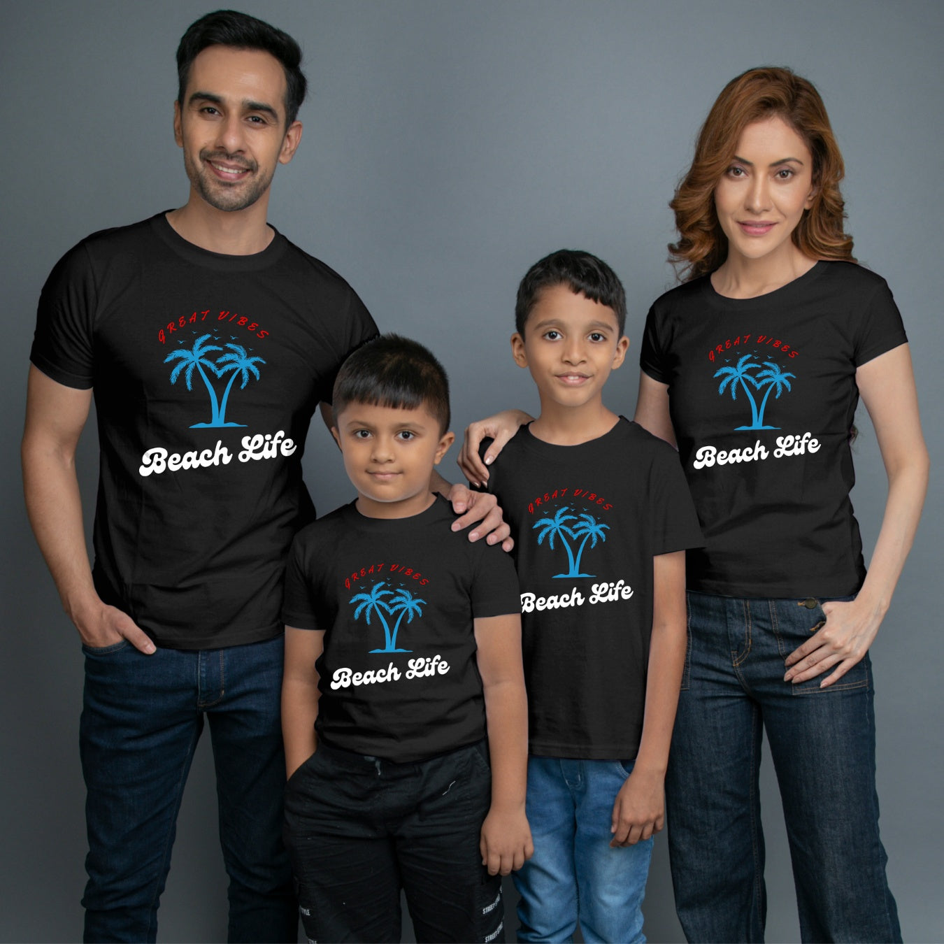 Family t shirts set of 4 Mom Dad Two Sons in Black Colour - Beach Life Variant
